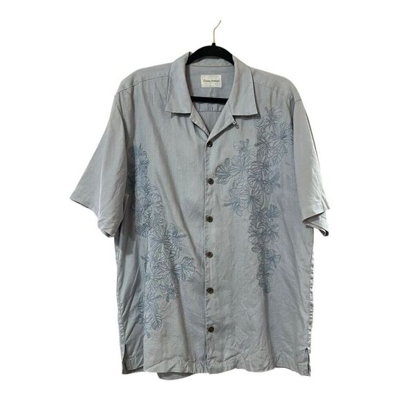 Tommy Bahama Mens Size Large Blue Linen Floral Embroidered Short Sleeve Shirt - Picture 1 of 5